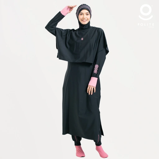 Image of Baju Renang Muslimah Premium Syar'i - L. TUN SHARK BK-PI A LINE (BLACK - PINK)