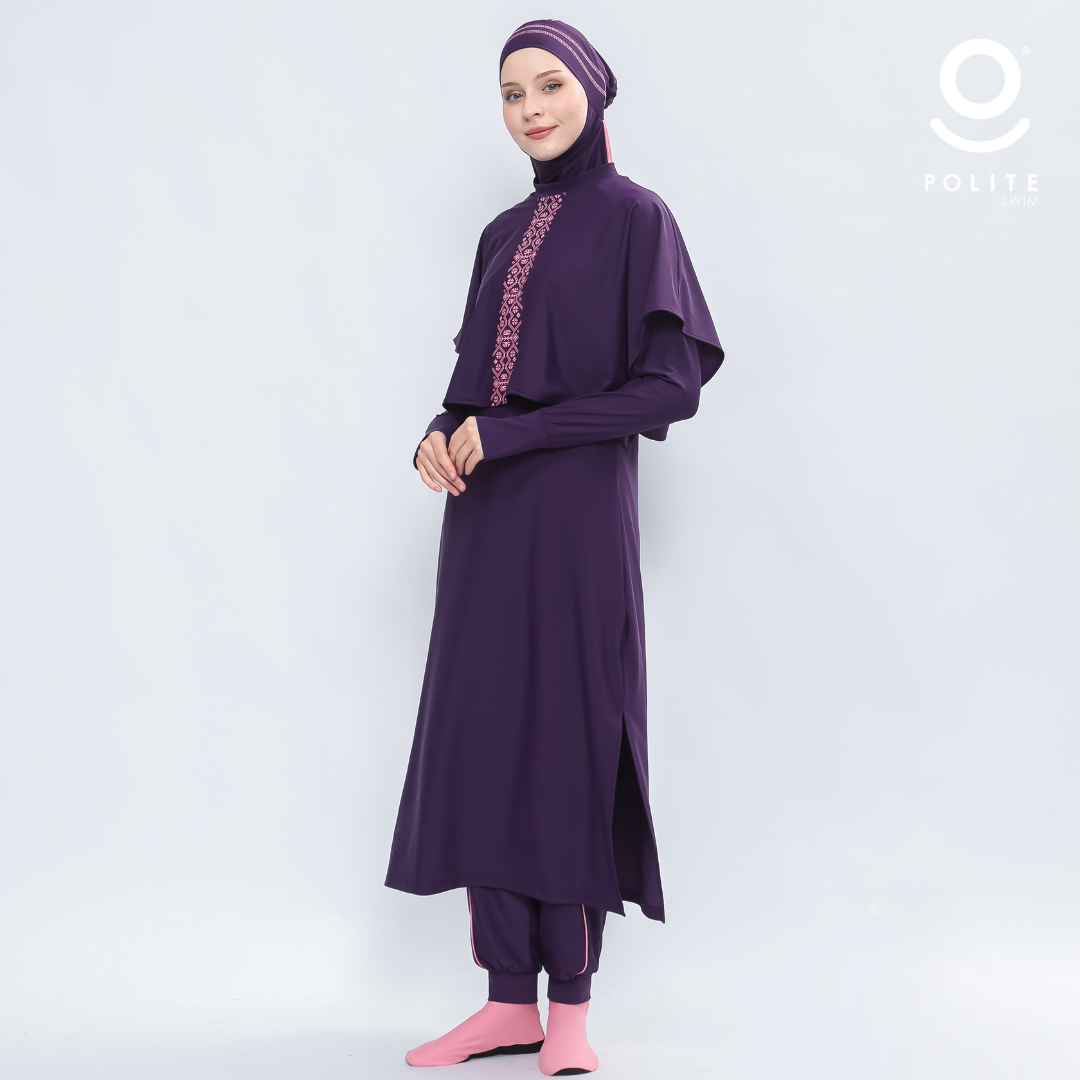 Baju Renang Muslimah Premium Syar'i - L. TUN SHARK DP-PI A LINE (DEEP PURPLE - PINK)
