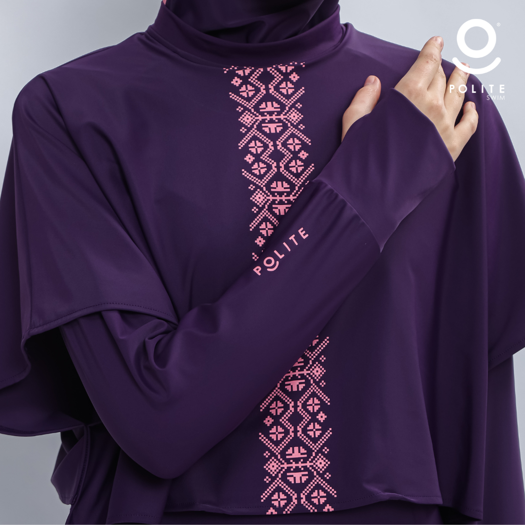 Baju Renang Muslimah Premium Syar'i - L. TUN SHARK DP-PI A LINE (DEEP PURPLE - PINK)