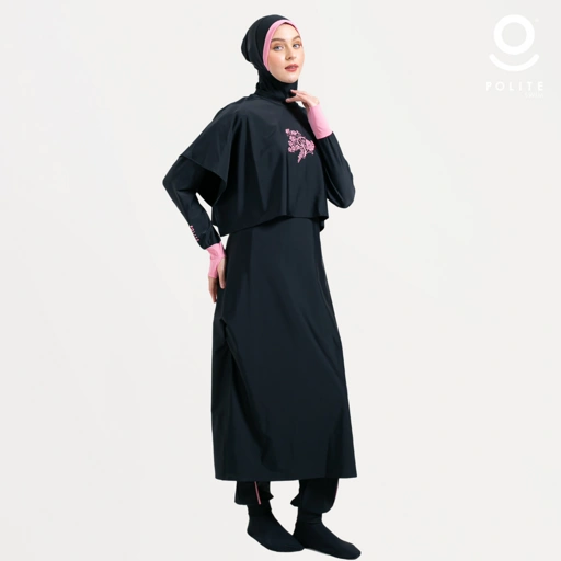 Image of Baju Renang Muslimah Premium Syar'i - L. TUN WHALE BK-PI (BLACK - PINK)