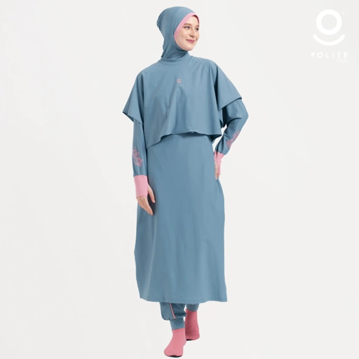 Image of Baju Renang Muslimah Premium Syar'i - L. TUN WHALE TB-PI A LINE (TURKISH BLUE - PINK)