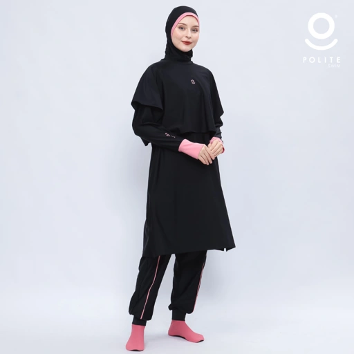 Image of Baju Renang Muslimah Premium Syar'i - TUN WHALE BK-PI A LINE (BLACK - PINK)