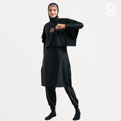 Image of Baju Renang Muslimah Premium Syar'i - TUN WHALE BK-SO (BLACK - SALMON ORANGE)