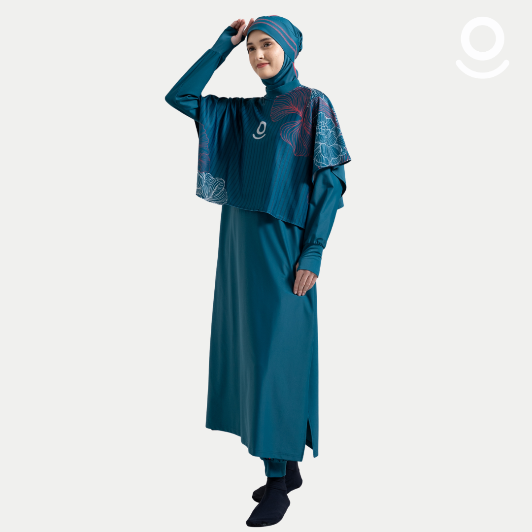DEFECT Baju Renang Muslimah Premium Syar'i - L. TUN SHARK DT-RSF ROSE A LINE (DARK TEAL - RED SAFFRON)