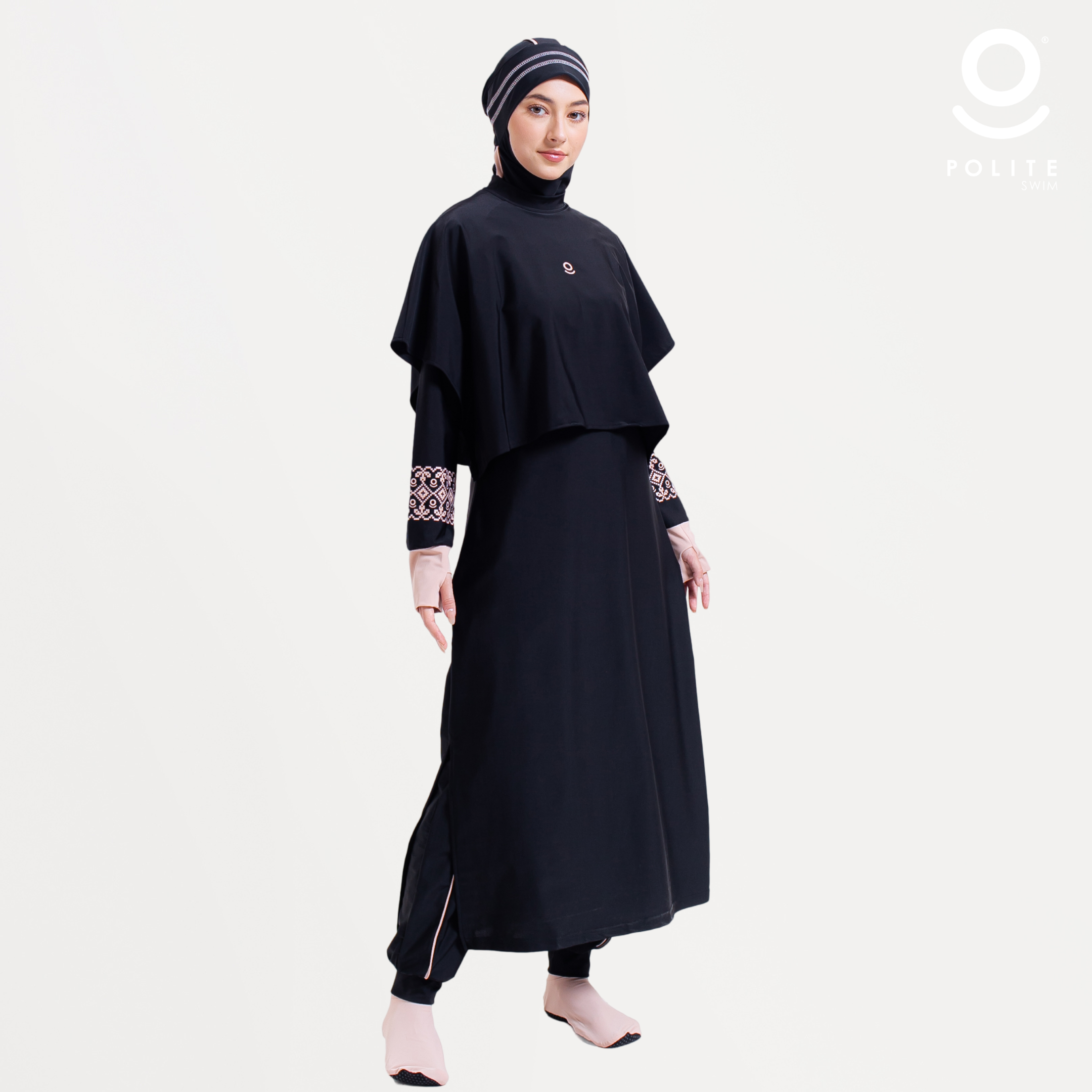 Baju Renang Muslimah Premium Syar'i - L. TUN SHARK BK-CL A LINE (BLACK - COCKTAIL)