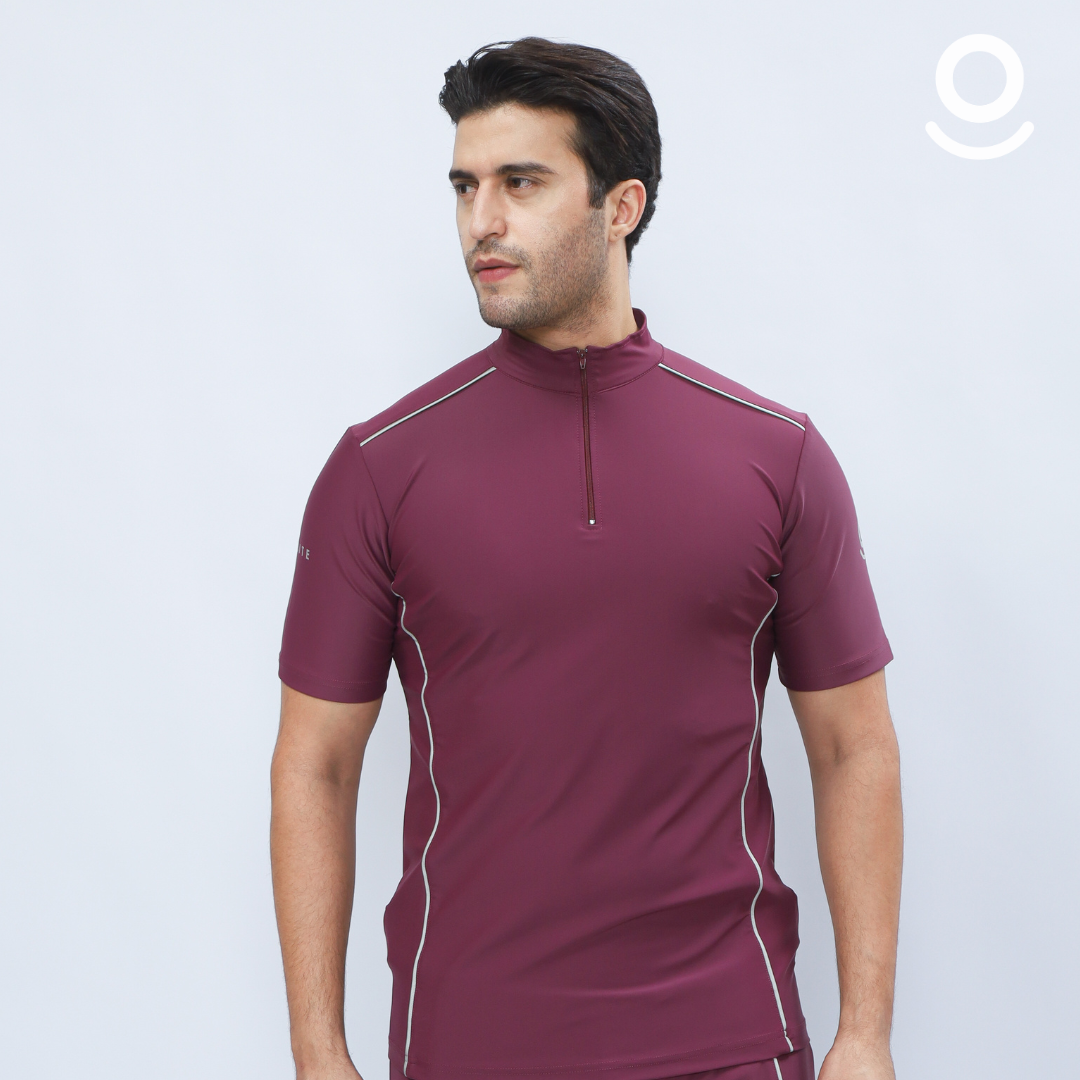Baju Renang Muslim Pria Lengan Pendek - FOR MEN SHORT BR-SB (BURGUNDY - SILVER)