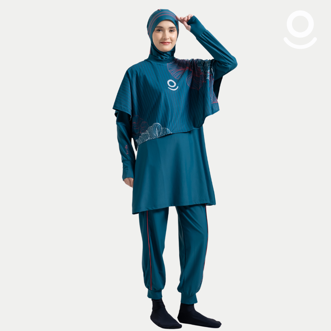 DEFECT Baju Renang Muslimah Premium Syar'i - 1SHARK DT-RSF ROSE A LINE (DARK TEAL - RED SAFFRON)