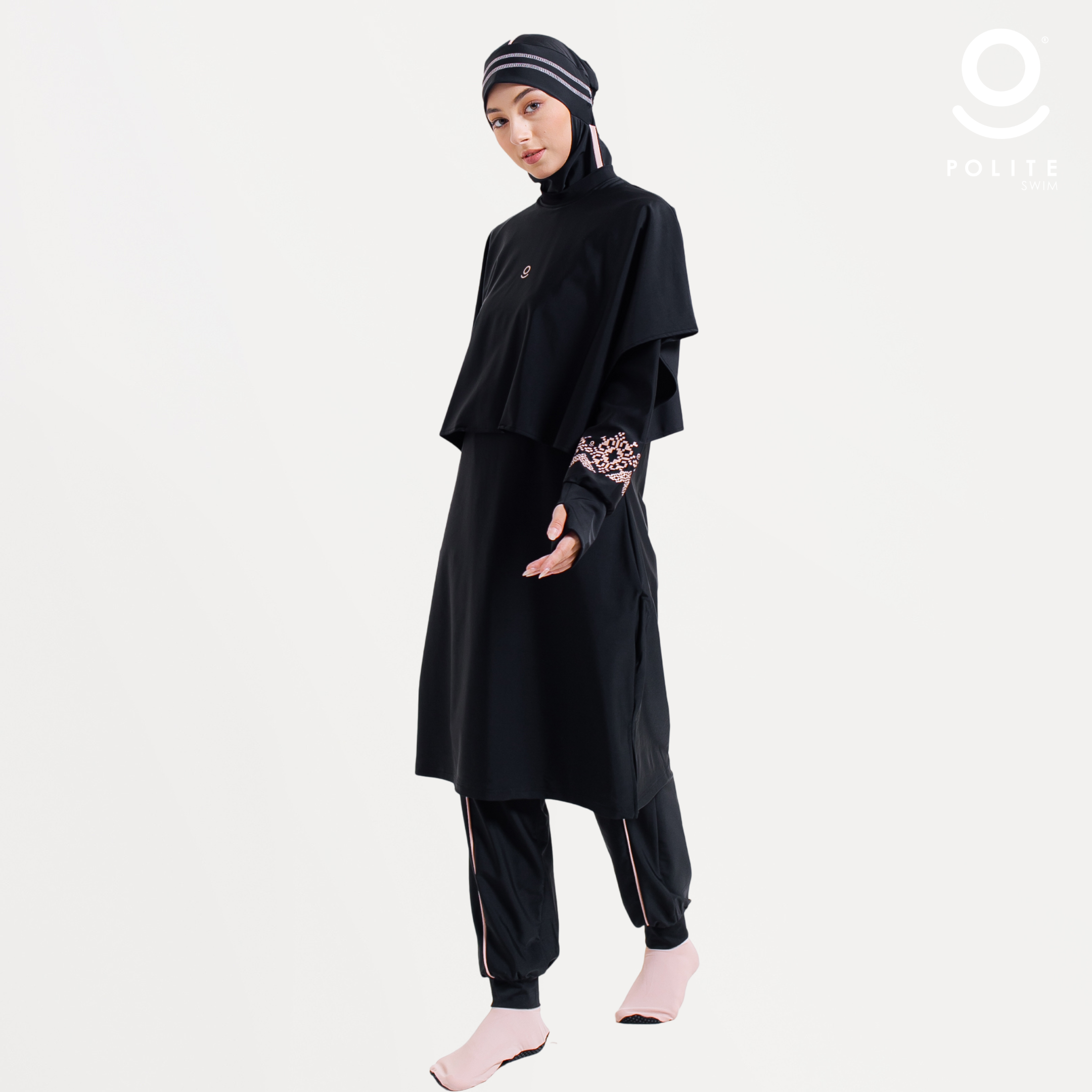 Baju Renang Muslimah Premium Syar'i - TUN SHARK BK-CL A LINE (BLACK - COCKTAIL)