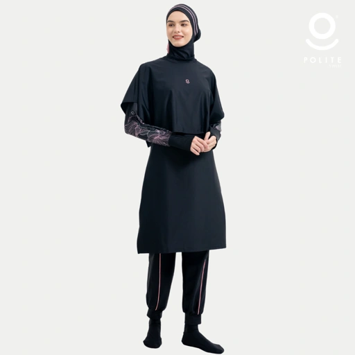 Image of Baju Renang Muslimah Premium Syar'i - TUN SHARK BK-PI ROSE A LINE (BLACK - PINK)