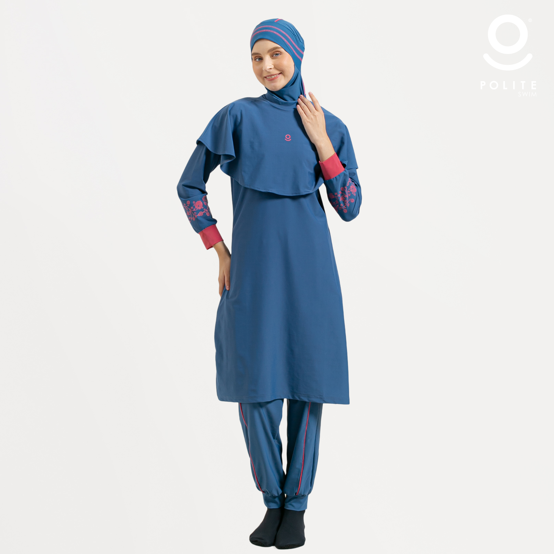 DEFECT Baju Renang Muslimah Premium Syar'i - TUN SHARK DB-RSF (DEEP BLUE - RED SAFRON)