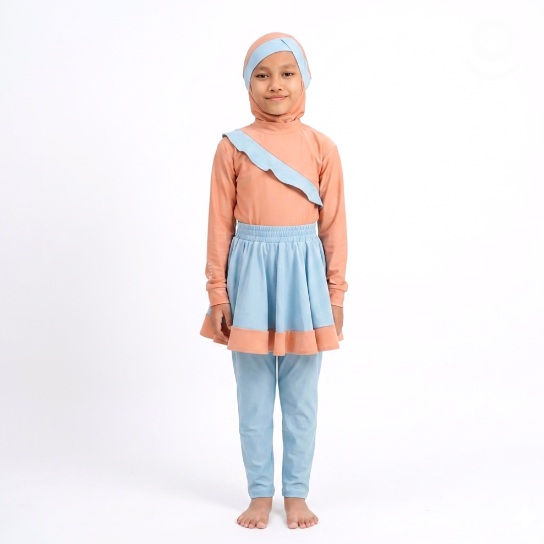 Baju Renang Anak Muslimah - NEMO DS-LB (DARK SALMON - LIGHT BLUE)