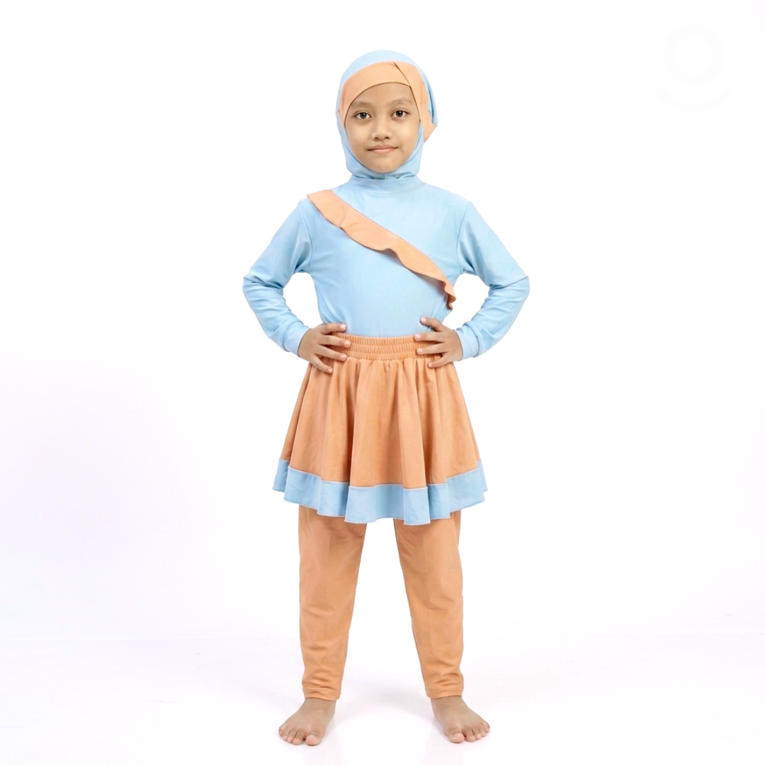 Baju Renang Anak Muslimah - NEMO LB-DS (LIGHT BLUE - DARK SALMON)