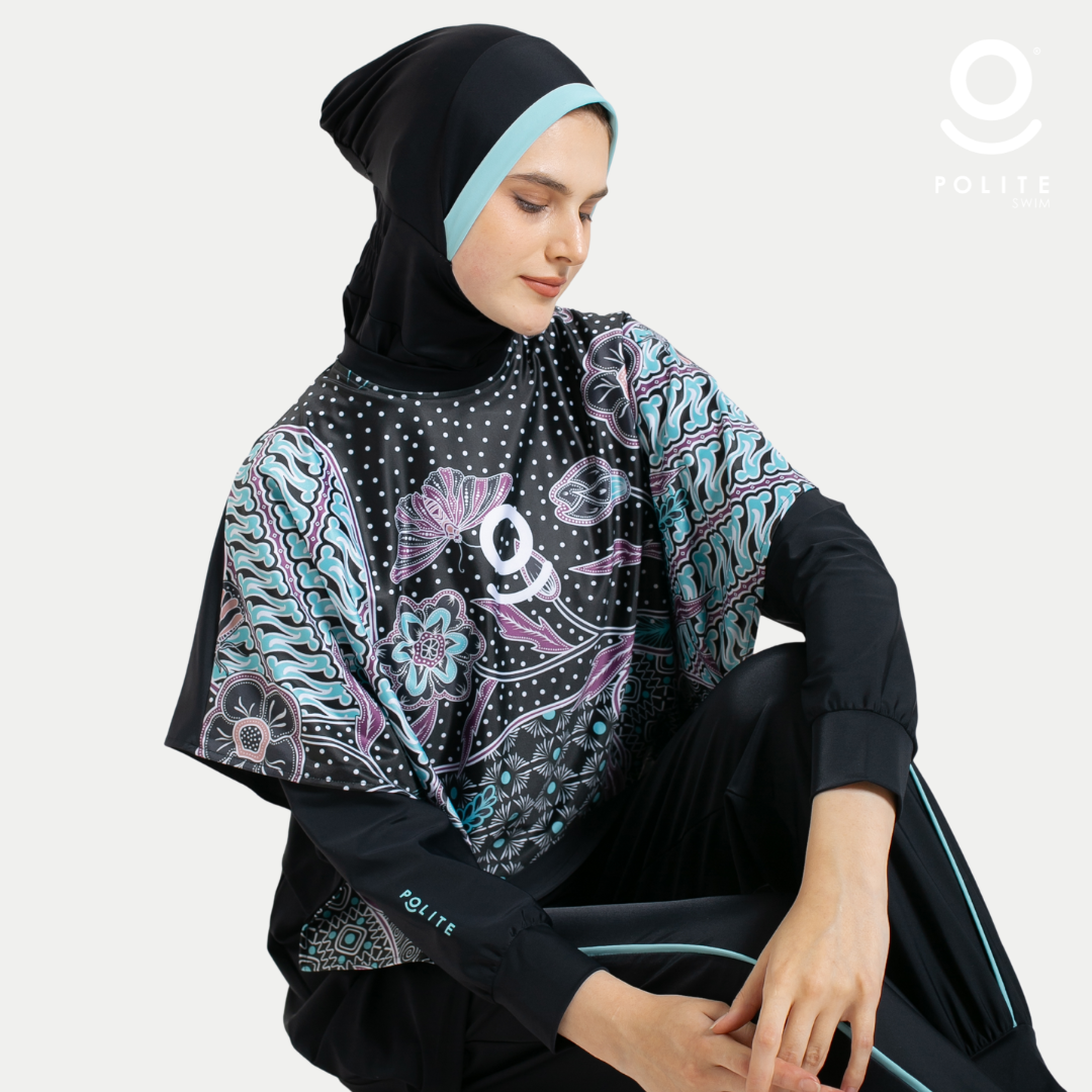 Baju Renang Muslimah Premium Syar'i - 1WHALE BP-CB (BLACK PRINTING - CADED BLUE)