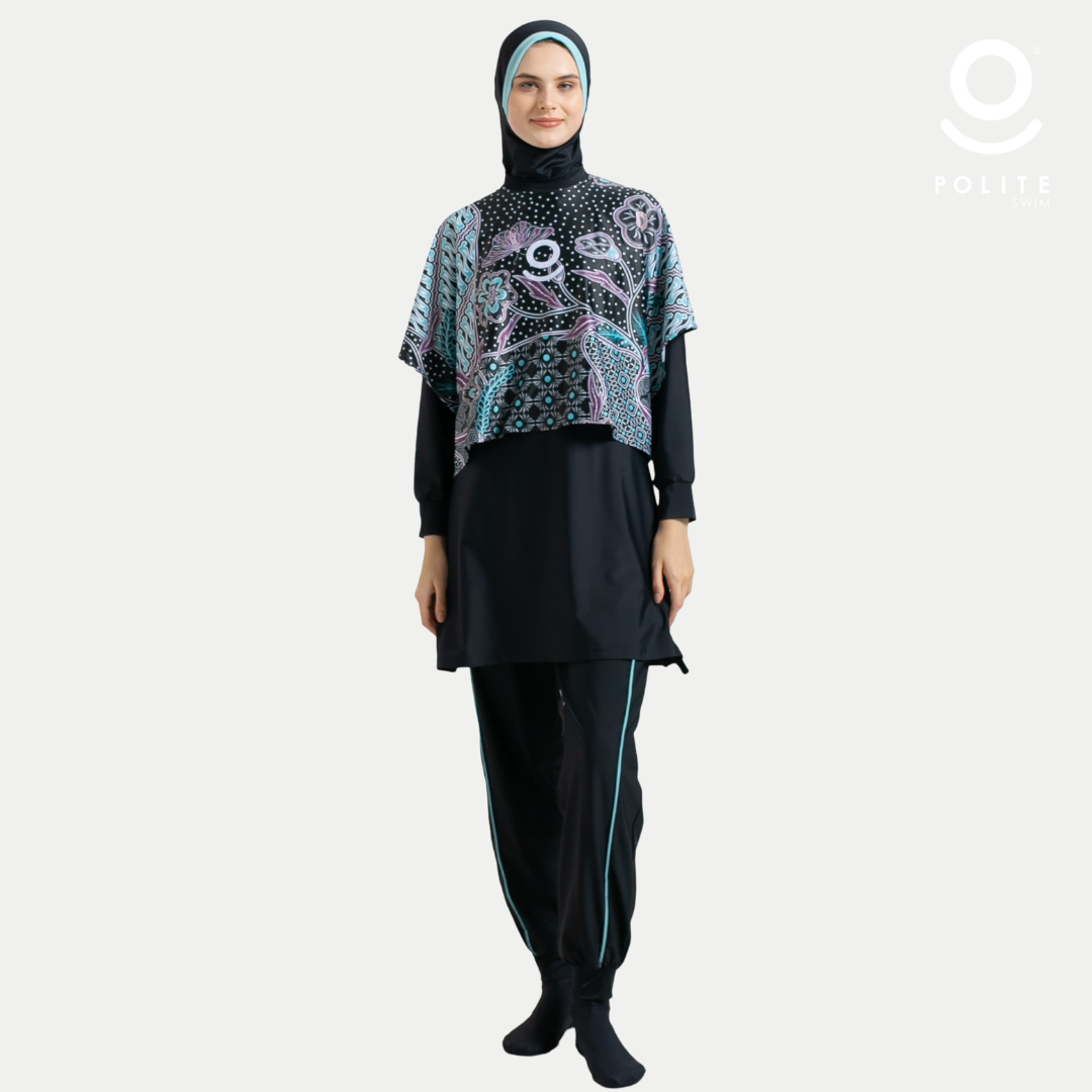 Baju Renang Muslimah Premium Syar'i - 1WHALE BP-CB (BLACK PRINTING - CADED BLUE)