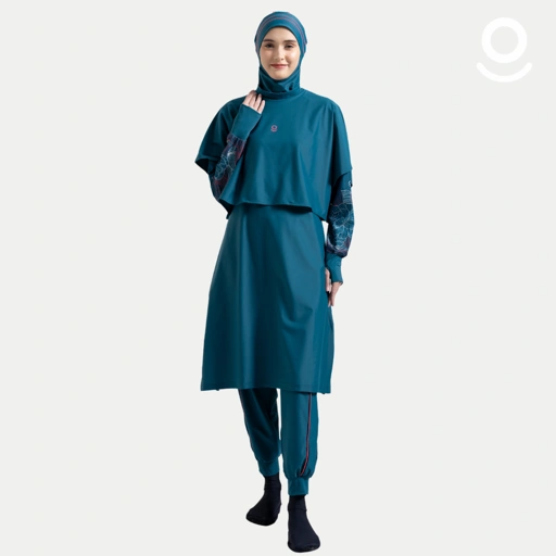 Image of Baju Renang Muslimah Premium Syar'i - TUN SHARK DT-RSF ROSE A LINE (DARK TEAL - RED SAFFRON)