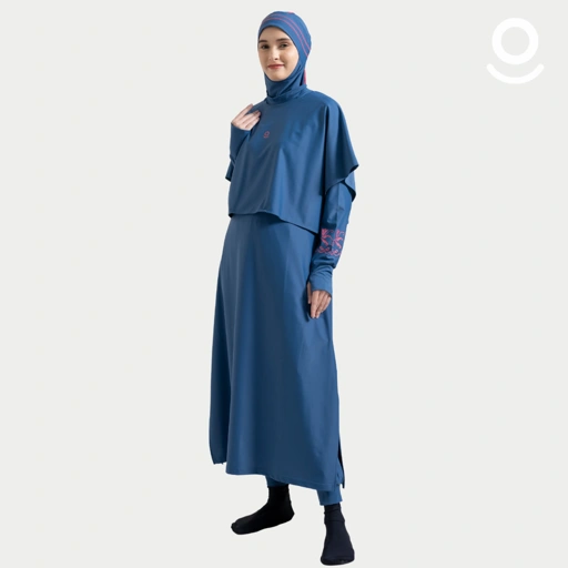 Baju Renang Muslimah Premium Syar'i - L. TUN SHARK DB-RSF A LINE (DEEP BLUE - RED SAFFRON)
