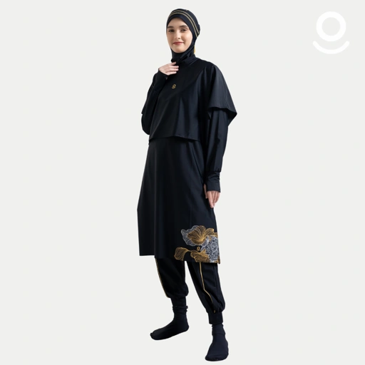 Image of Baju Renang Muslimah Premium Syar'i - TUN SHARK BK-GB ROSE A LINE (BLACK - GOLD BRIGHT)