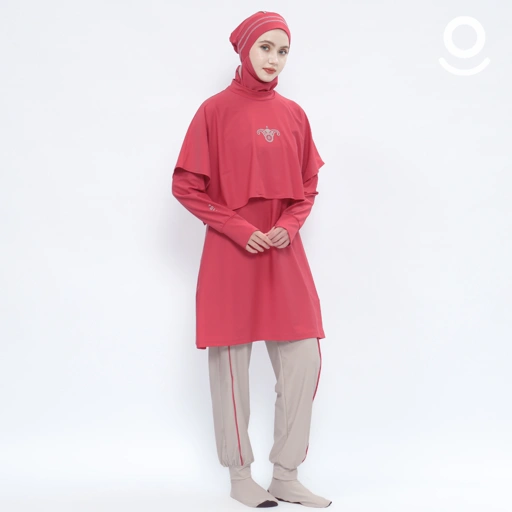 Image of Baju Renang Muslimah Premium Syar'i - 7SHARK RSF-NU A LINE (RED SAFFRON - NUDE)