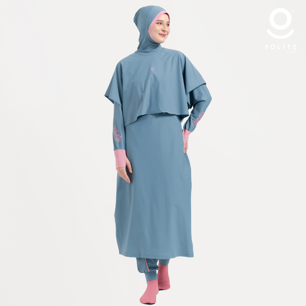 DEFECT Baju Renang Muslimah Premium Syar'i - L. TUN WHALE TB-PI A LINE (TURKISH BLUE - PINK)