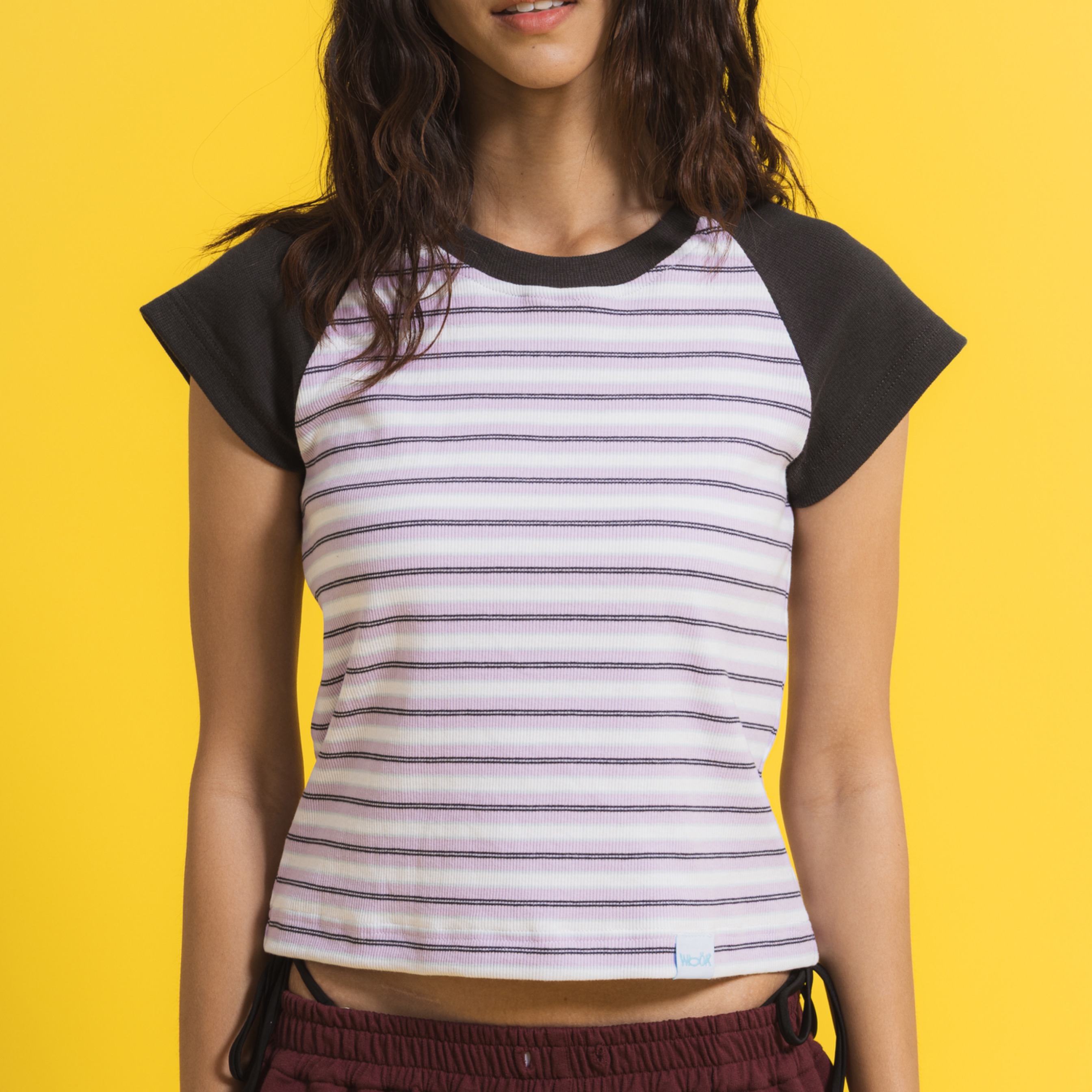 Rory Raglan Fitted Tee in Purple Stripes - Dark Grey