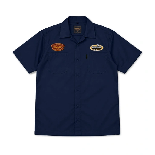 Engineer Workwear Alloy Open Collar Workshirt Navy Biru Dongker Kemeja Pria American Drill Patch Bordir Kerah Lebar