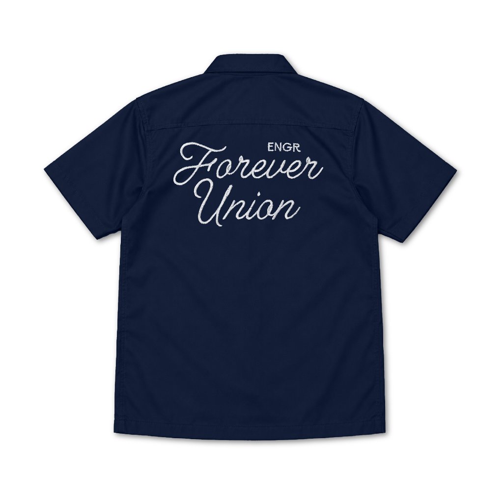 Engineer Workwear Alloy Open Collar Workshirt Navy Biru Dongker Kemeja Pria American Drill Patch Bordir Kerah Lebar