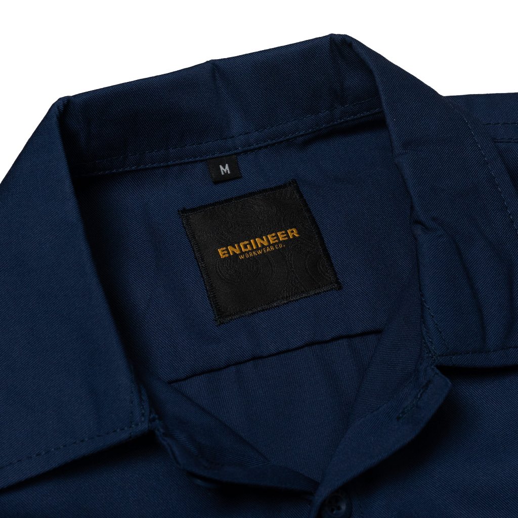 Engineer Workwear Alloy Open Collar Workshirt Navy Biru Dongker Kemeja Pria American Drill Patch Bordir Kerah Lebar
