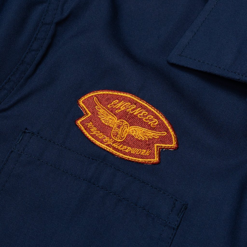 Engineer Workwear Alloy Open Collar Workshirt Navy Biru Dongker Kemeja Pria American Drill Patch Bordir Kerah Lebar