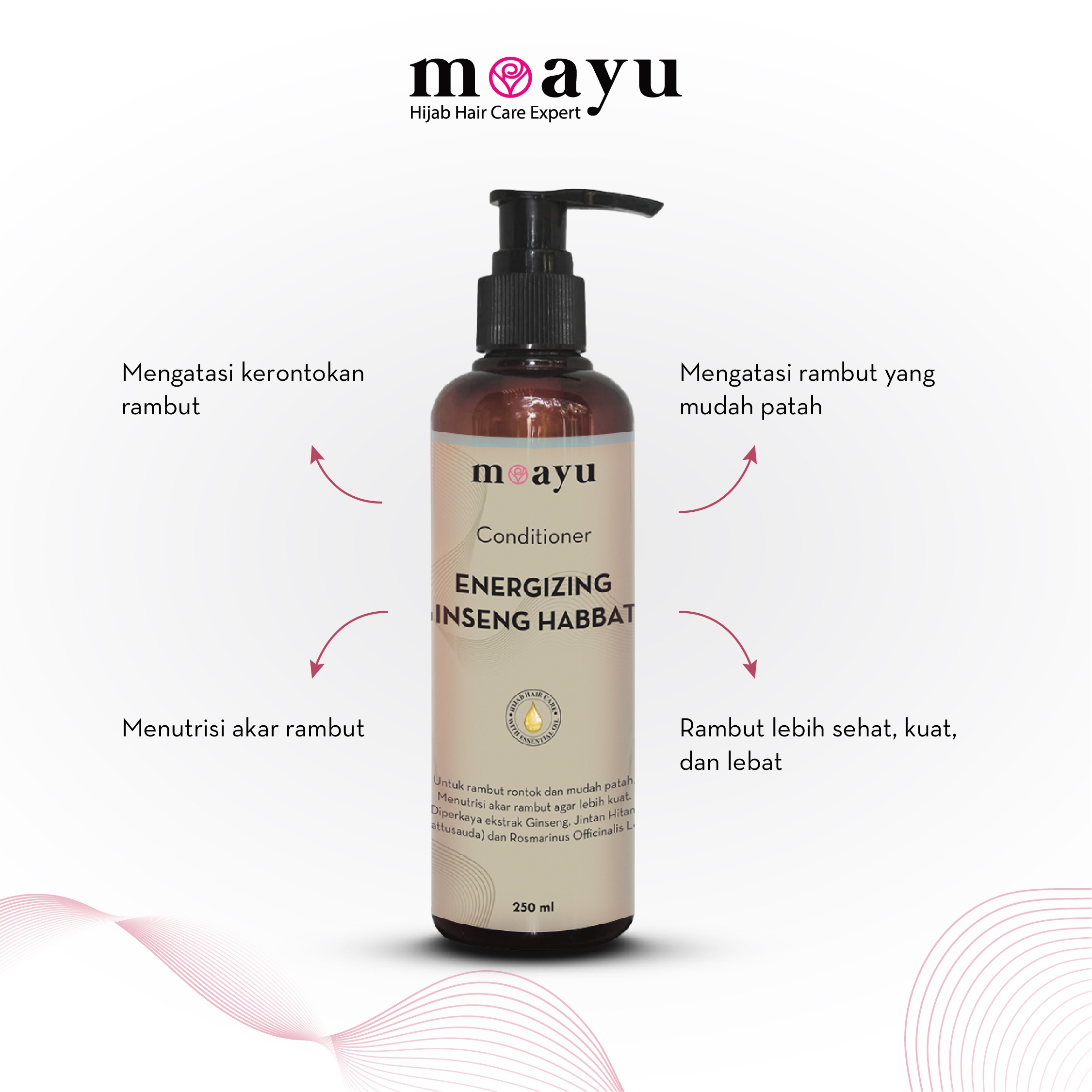 MOAYU Conditioner Energizing Ginseng Habbats, Conditioner Anti Rontok dengan Keratin, Argan Oil & Ginseng, Menguatkan Batang Rambut Berhijab