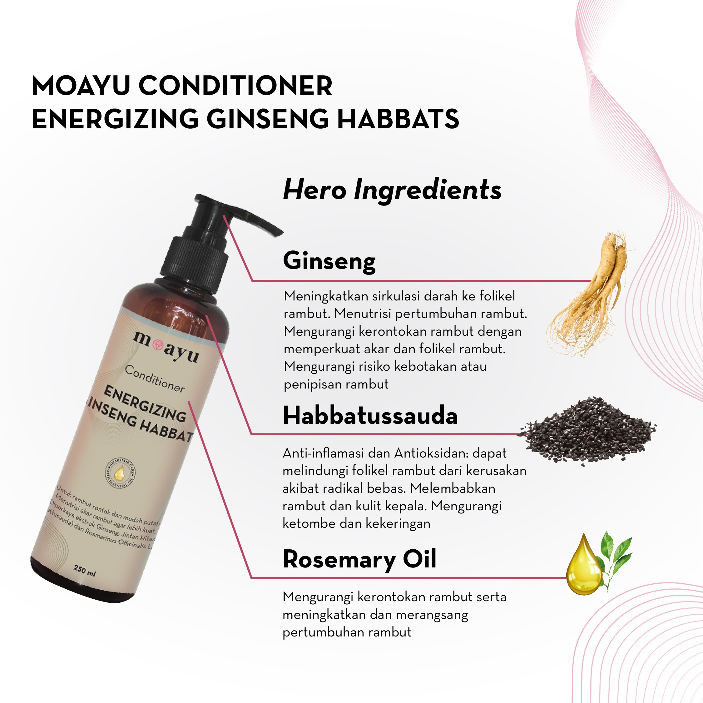 MOAYU Conditioner Energizing Ginseng Habbats, Conditioner Anti Rontok dengan Keratin, Argan Oil & Ginseng, Menguatkan Batang Rambut Berhijab