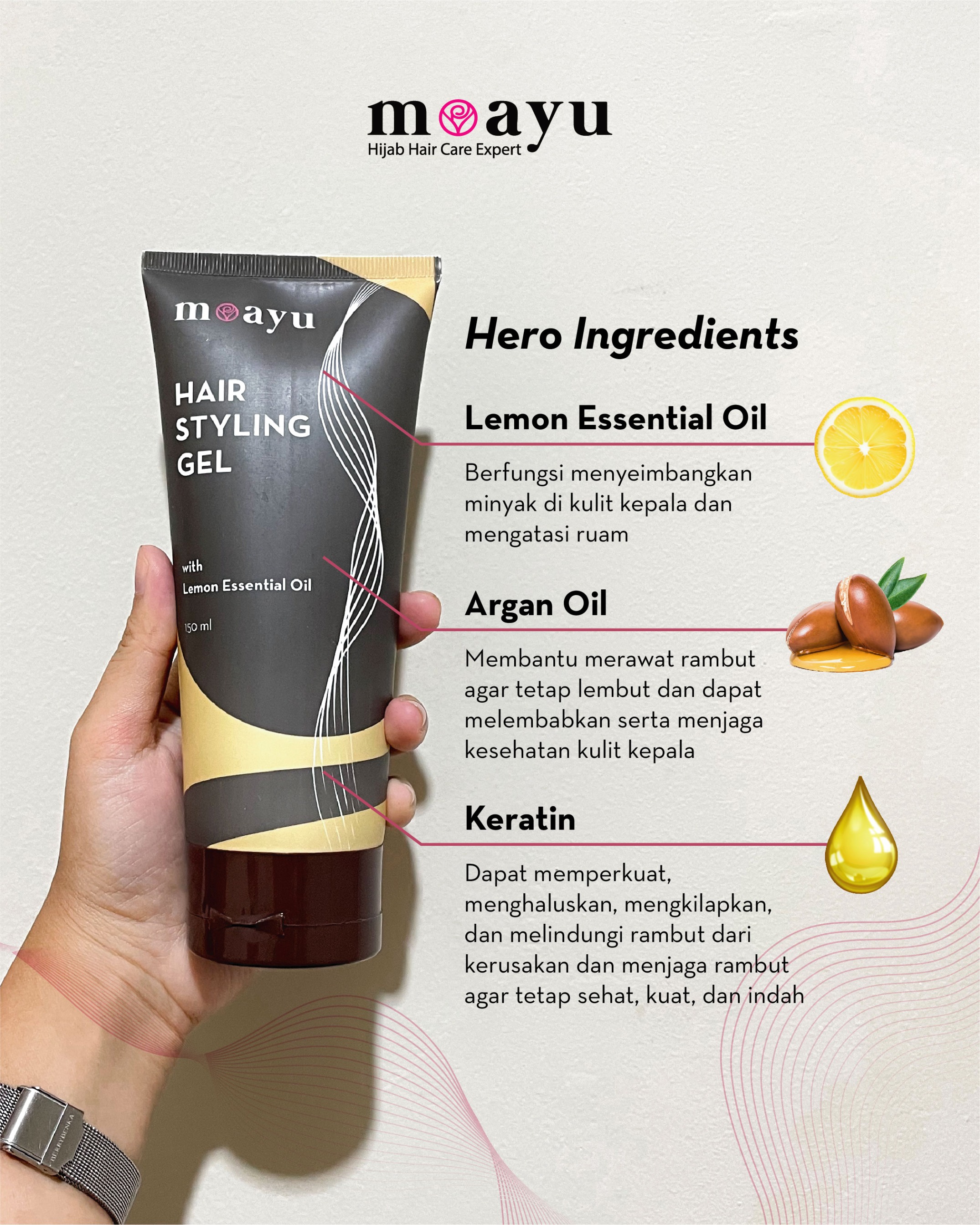 Hair Styling Gel with Lemon Essential Oil, Argan Oil & Pro-Vitamin B5 150ml by MOAYU - Gel Penata Bentuk Rambut