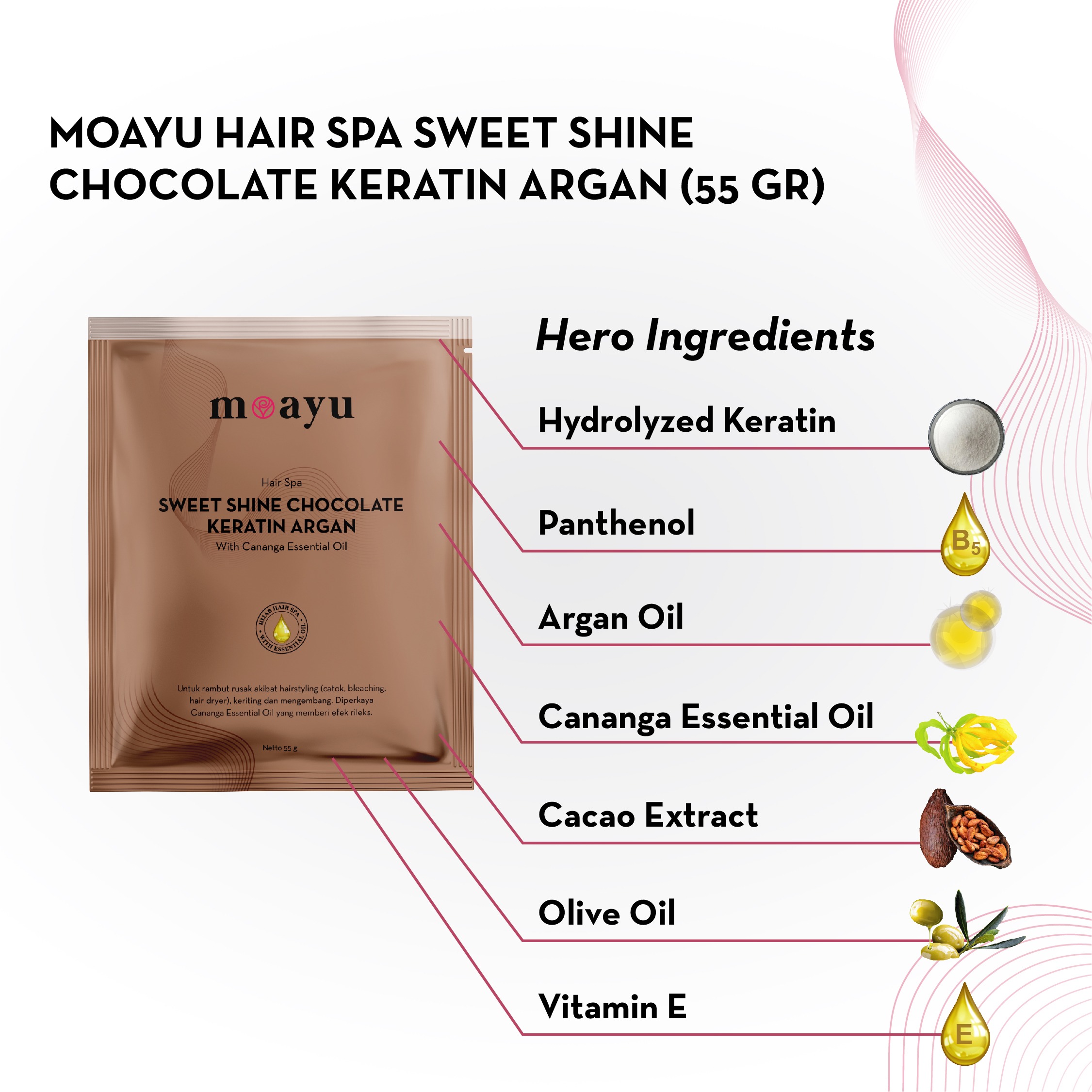 Moayu Sweet Shine Chocolate Keratin Argan Hair Spa 55gr, Hair Mask Keratin & Argan Oil, Melembapkan, Menutrisi, Menghaluskan Rambut Kering, Rusak & Berhijab