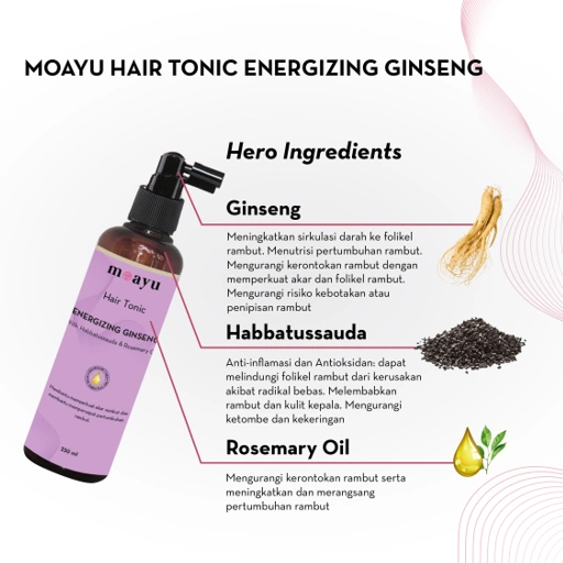 [2PCS] MOAYU Hair Tonic Energizing Ginseng with Habbats 250ml, Hair Tonic Anti Rontok, Menguatkan Akar Rambut, Scalp Care Rambut Berhijab, Rambut Lebih Tebal & Bervolume