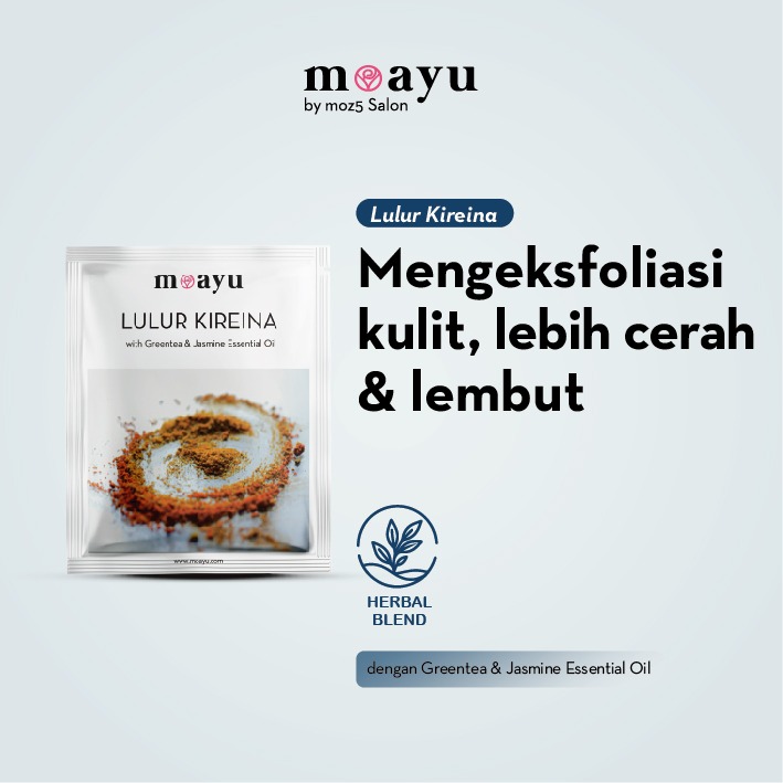 MOAYU Lulur Kireina with Greentea & Jasmine Essential Oil 55 gr, Lulur Herbal, Mengeksfoliasi kulit, Menghaluskan, Melembapkan & Membantu Mencerahkan Kulit
