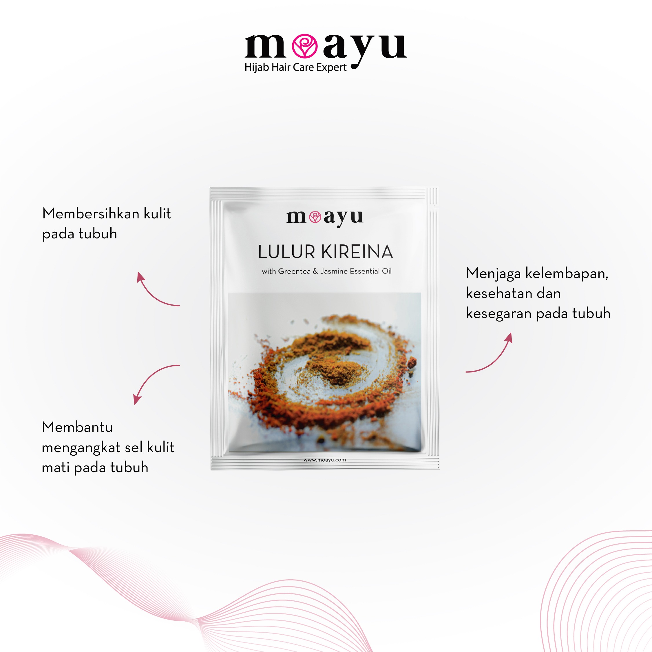 MOAYU Lulur Kireina with Greentea & Jasmine Essential Oil 55 gr, Lulur Herbal, Mengeksfoliasi kulit, Menghaluskan, Melembapkan & Membantu Mencerahkan Kulit