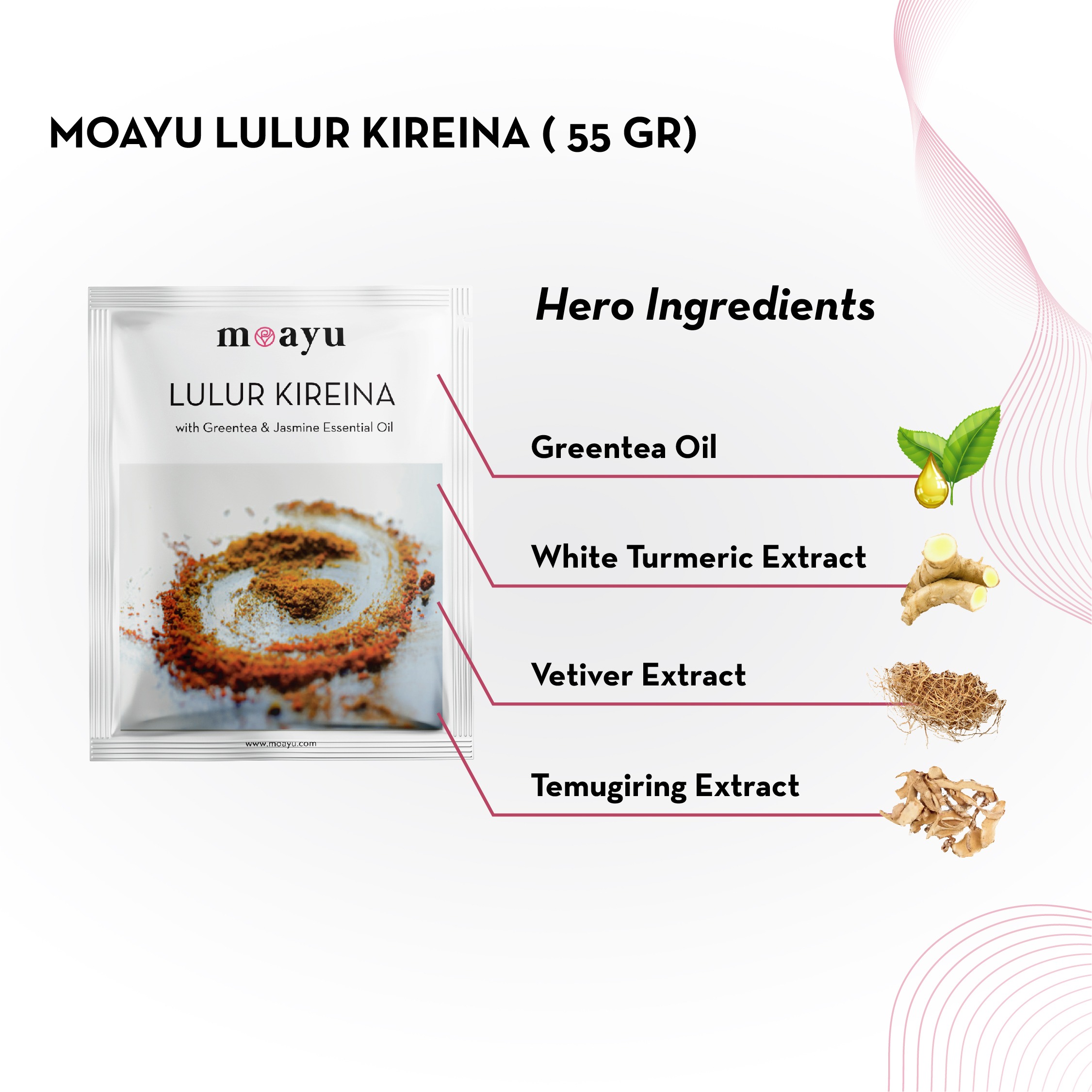 MOAYU Lulur Kireina with Greentea & Jasmine Essential Oil 55 gr, Lulur Herbal, Mengeksfoliasi kulit, Menghaluskan, Melembapkan & Membantu Mencerahkan Kulit
