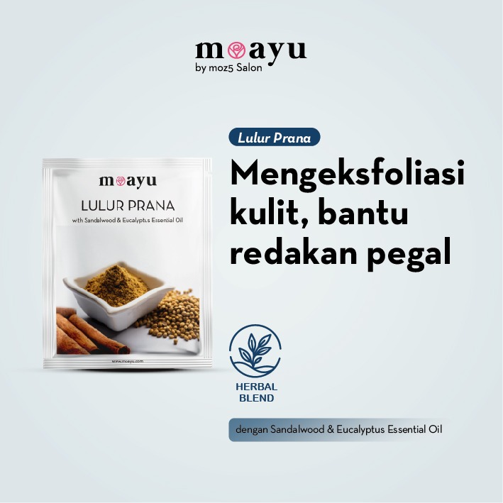 MOAYU Lulur Prana with Sandalwood & Eucalyptus Essential Oil 55 gr, Lulur Herbal, Mengeksfoliasi kulit, bantu redakan pegal, Menghaluskan & Menyegarkan Kulit