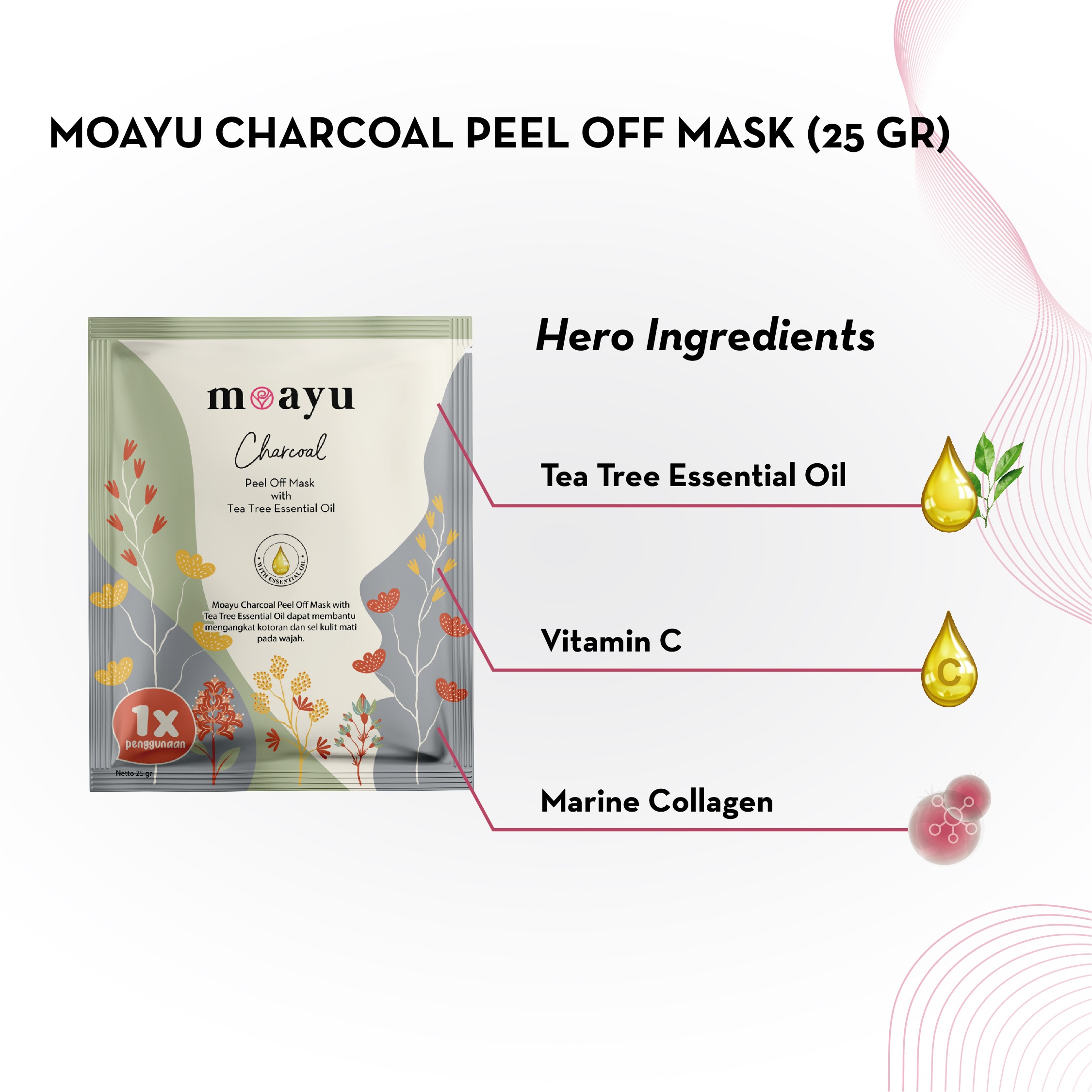 MOAYU Charcoal Peel Off Mask with Tea Tree Essential Oil 25gr | Masker Charcoal Mengangkat Sel Kulit Mati, Membersihkan Pori, Menyerap Minyak Berlebih & Membantu Merawat Kulit Berjerawat