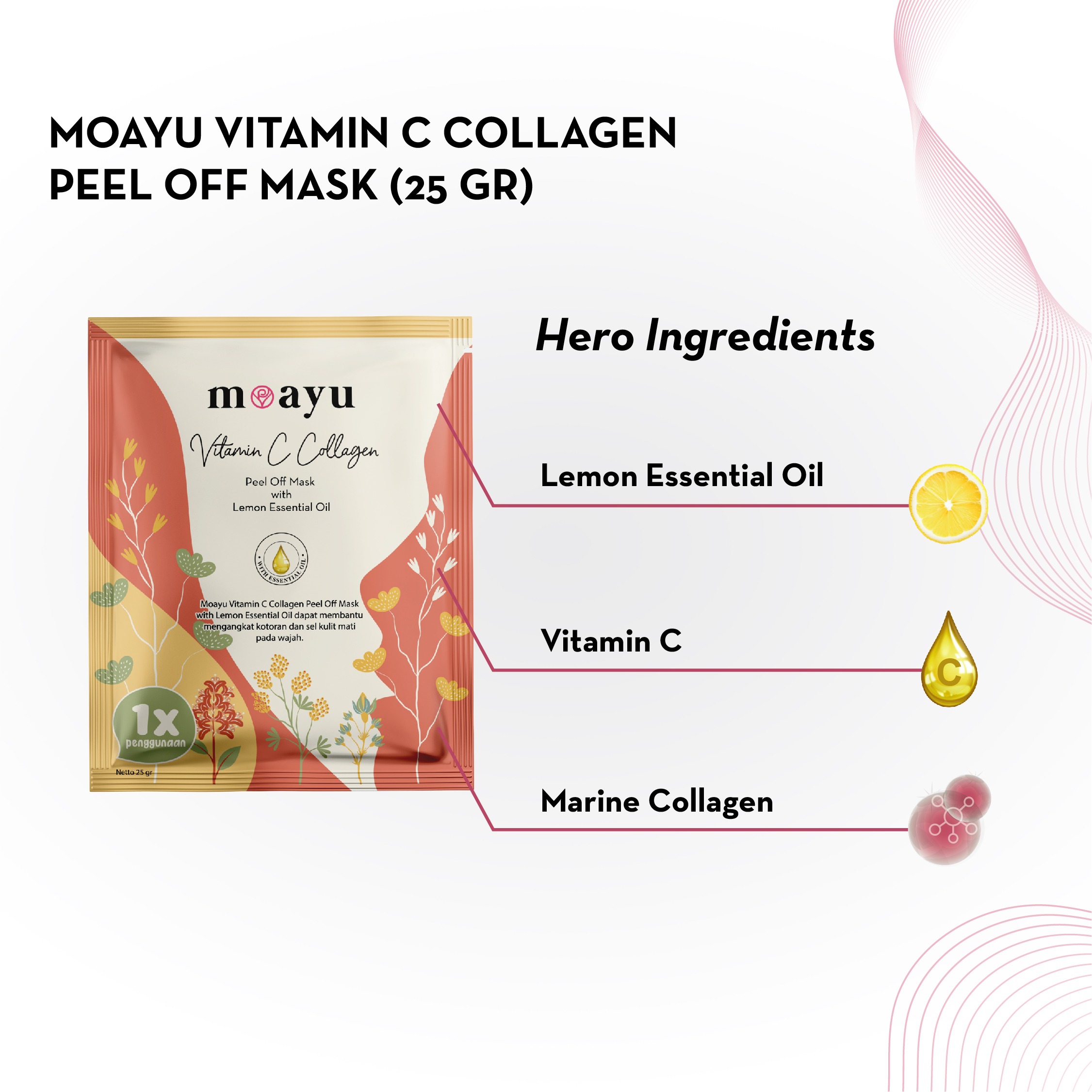MOAYU Vitamin C Collagen Peel Off Mask with Lemon Essential Oil 25gr, Masker Peel Off Mengangkat Sel Kulit Mati, Mencerahkan, untuk Wajah Kusam, Berminyak dan Warna Kulit Tidak Rata.