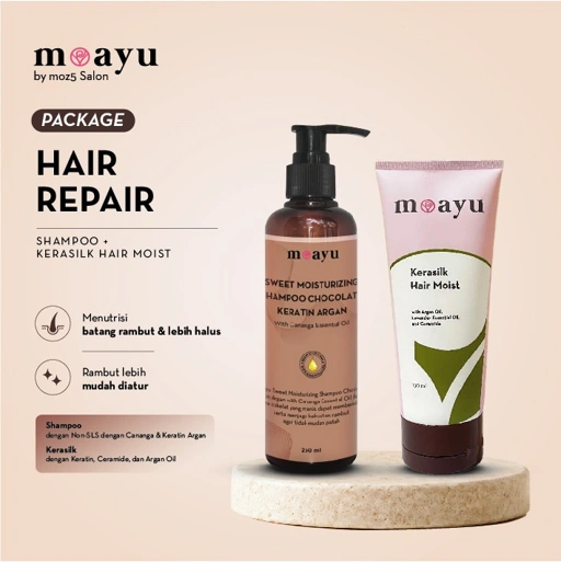 MOAYU Hair Repair Package Shampoo Chocolate 250ml + Kerasilk Hair Moist 150ml, Non SLS, Halal untuk Rambut Rusak, Kering, Kusam, Mengembang & Rambut Berhijab