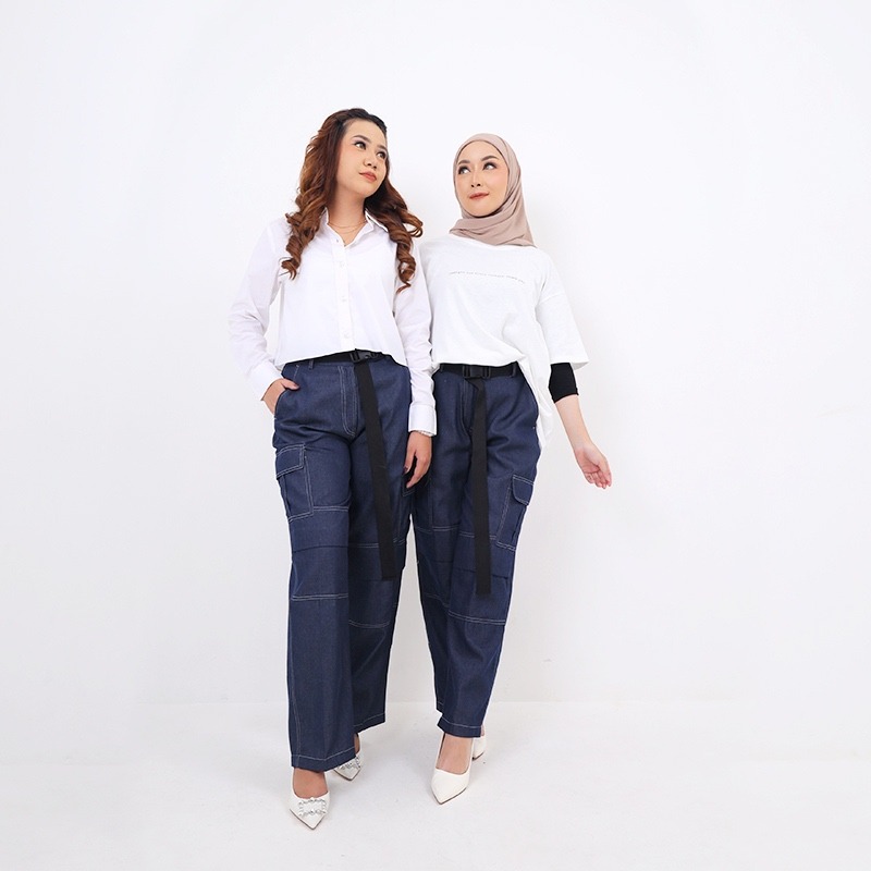 CINDRA CELANA DENIM CARGO WANITA HIGHWAIST LOOSE