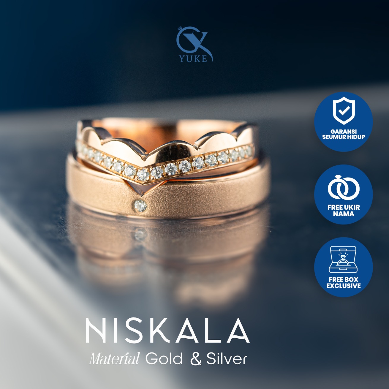 Yuke Jewelry - Cincin Kawin/Couple Bahan Emas - Perak - Palladium - Platinum Model NISKALA Series