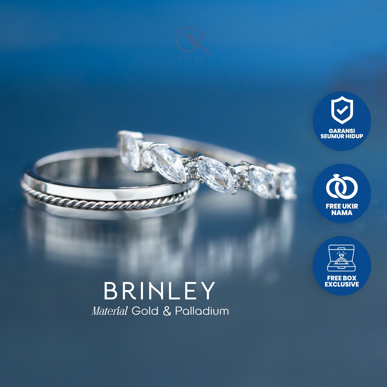 Yuke Jewelry - Cincin Kawin/Couple Bahan Emas - Perak - Palladium - Platinum Model BRINLEY Series