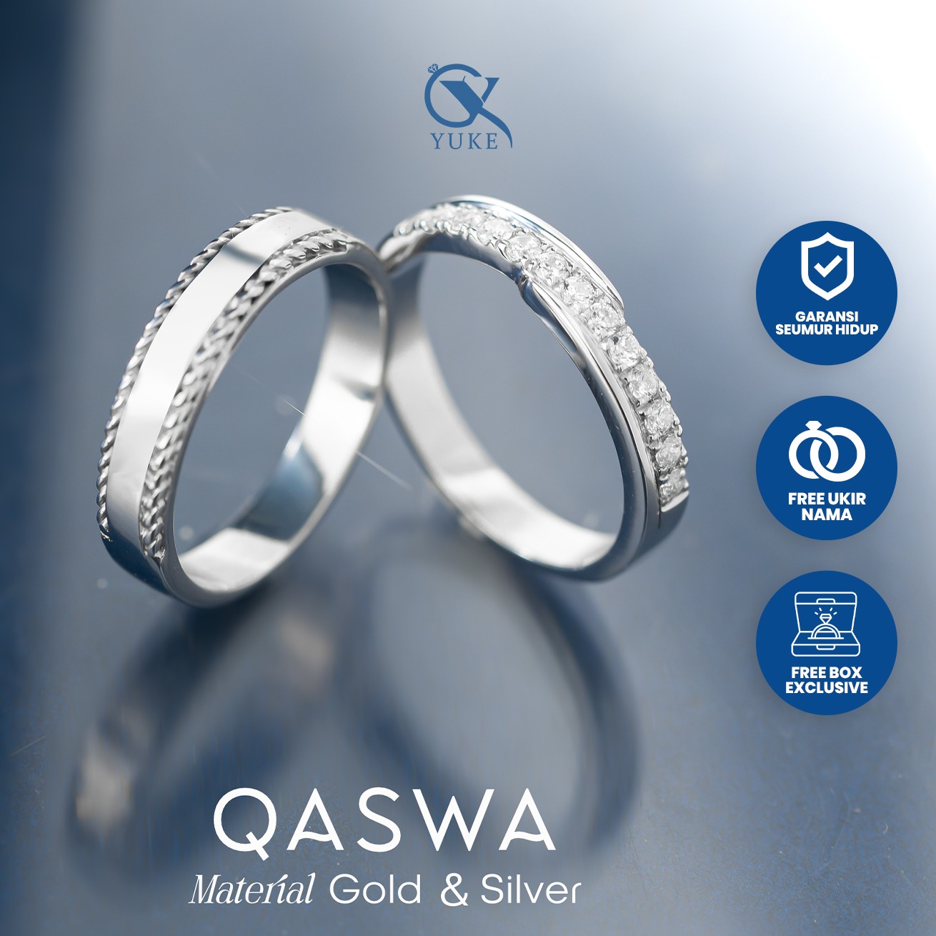 Yuke Jewelry - Cincin Kawin/Couple Bahan Emas - Perak - Palladium - Platinum Model QASWA Series