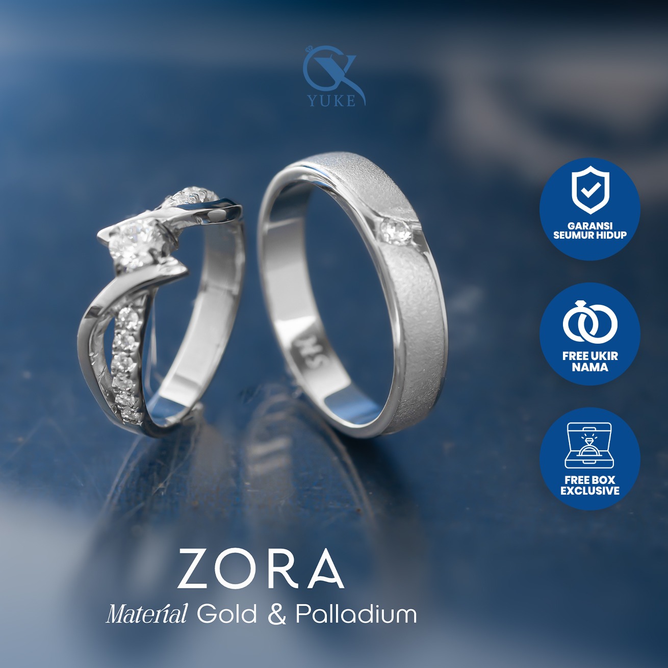 Yuke Jewelry - Cincin Kawin/Couple Bahan Emas - Perak - Palladium - Platinum Model ZORA Series