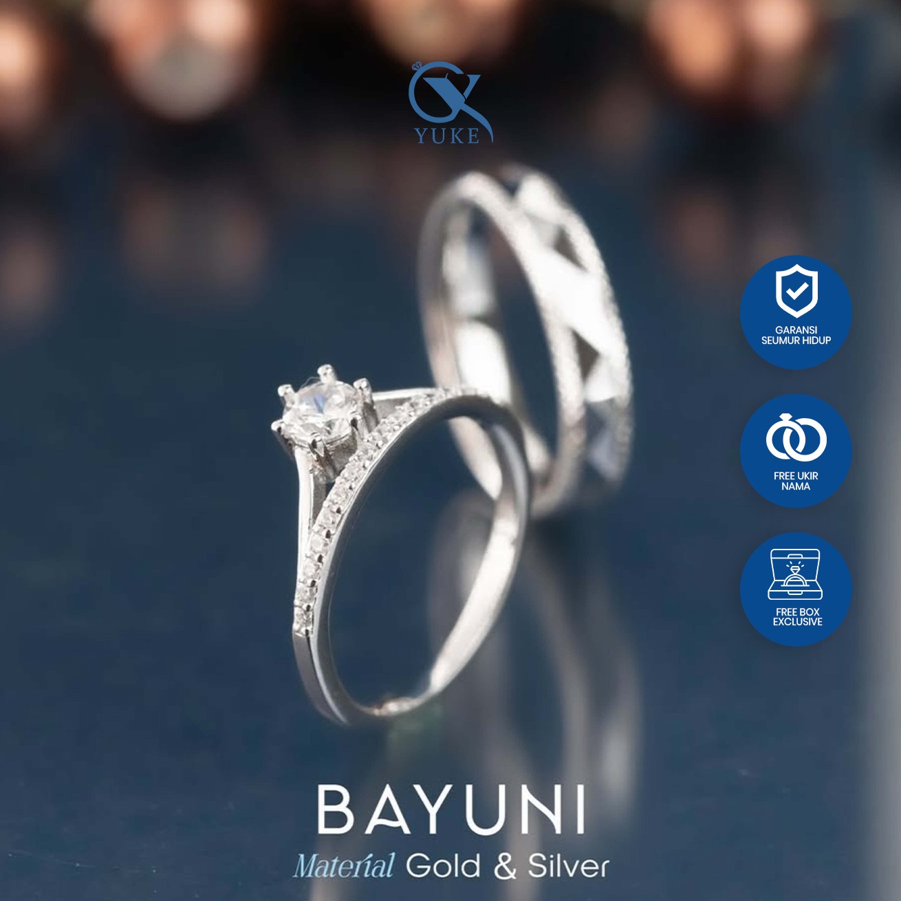 Yuke Jewelry - Cincin Kawin/Couple Bahan Emas - Perak - Palladium - Platinum Model BAYUNI Series