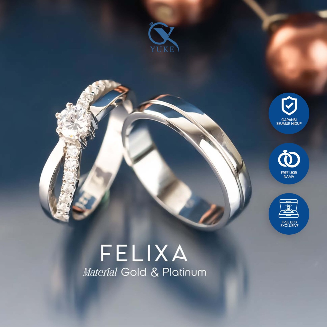 Yuke Jewelry - Cincin Kawin/Couple Bahan Emas - Perak - Palladium - Platinum Model FELIXA Series