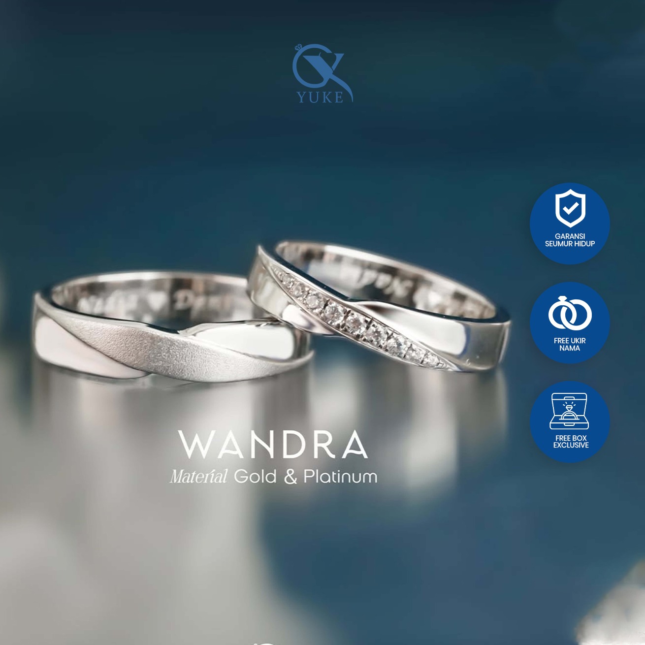 Yuke Jewelry - Cincin Kawin/Couple Bahan Emas - Perak - Palladium - Platinum Model WANDRA Series