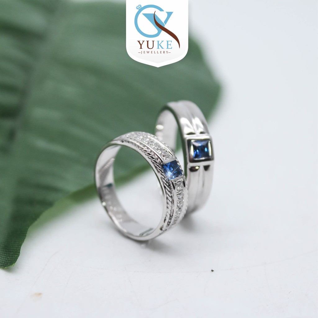 Yuke Jewelry - Cincin Kawin/Couple Bahan Emas - Perak - Palladium - Platinum with Blue Sapphire