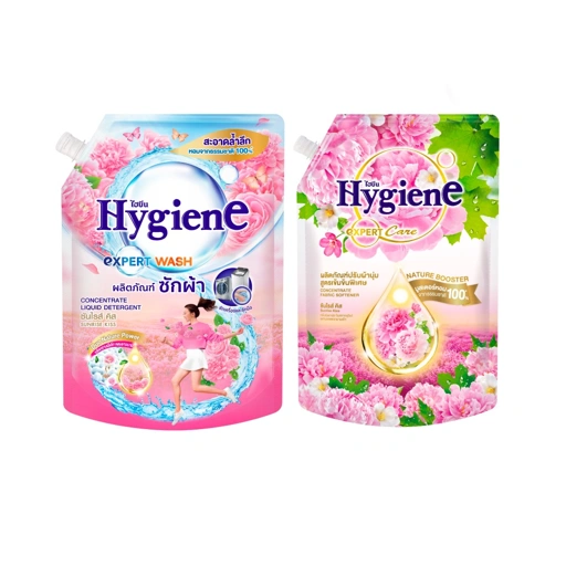 Image of [ซักคู่ปรับ] ไฮยีน น้ำยาซักผ้า 1400 มล. + ปรับผ้านุ่ม 1100 มล. กลิ่นซันไรส์ คิส